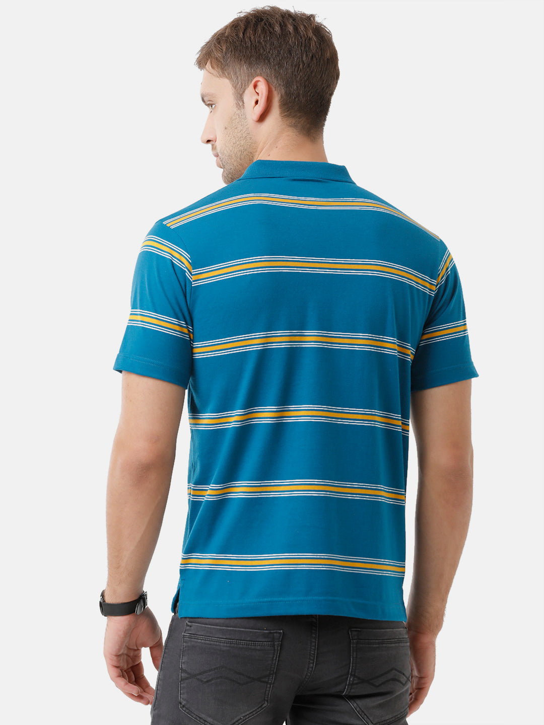 Classic Polo Mens Cotton Blend Striped Half Sleeve Authentic Fit Polo Neck Azure Blue Color T-Shirt | Avon 493 A