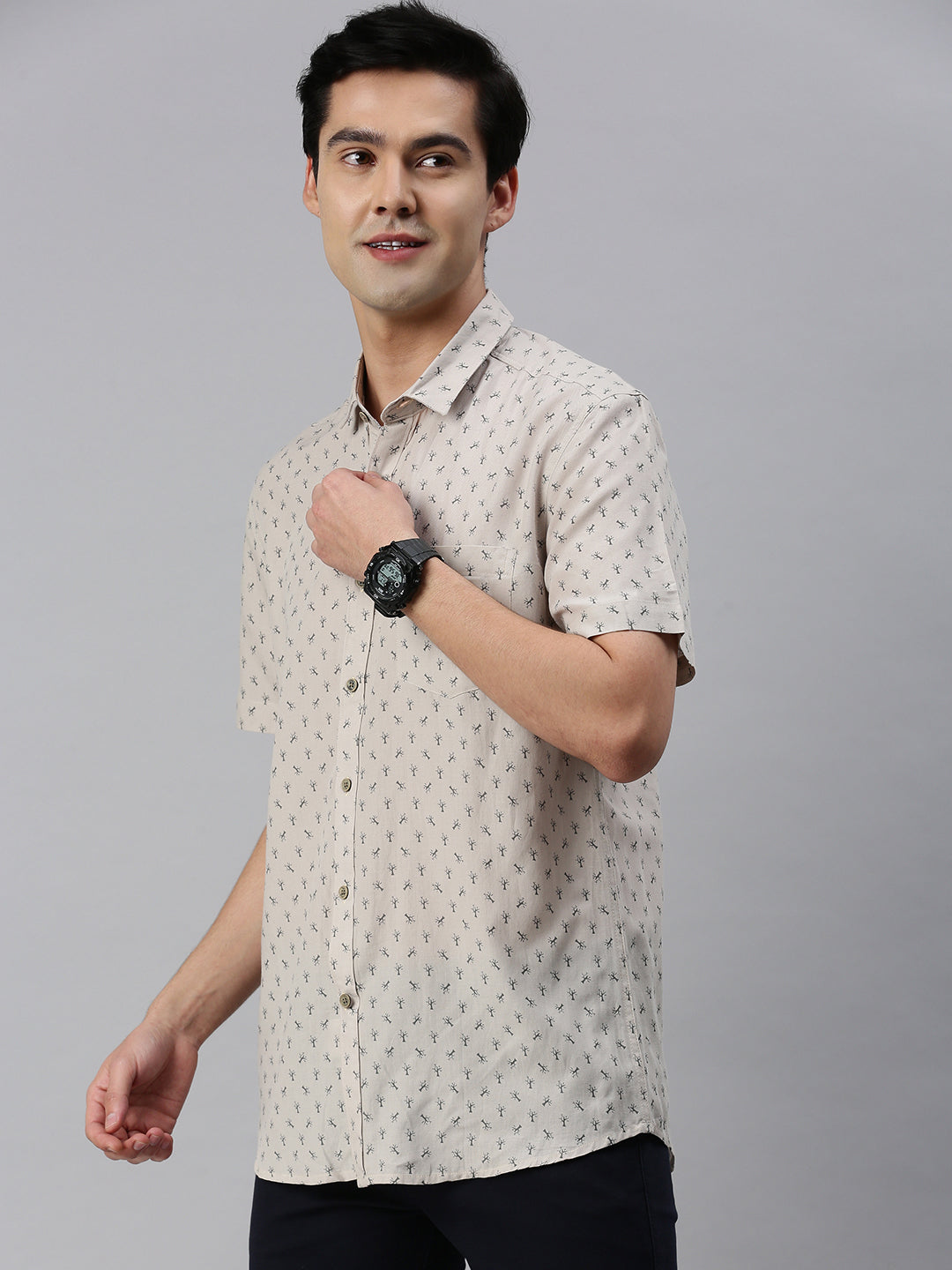Classic Polo Men's Cotton Half Sleeve Printed Slim Fit Collar Neck Cream Color Woven Shirt | So1-151 B