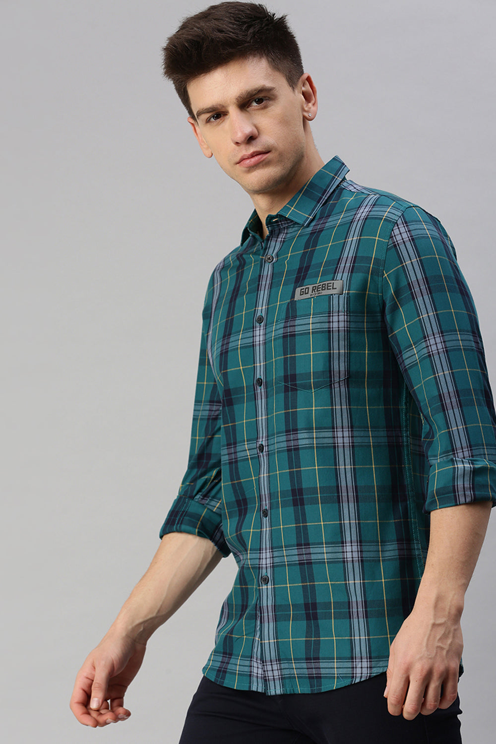 CP BRO Men's Cotton Full Sleeve Checked Slim Fit Collar Neck Green Color Woven Shirt | Sbo1-25 A