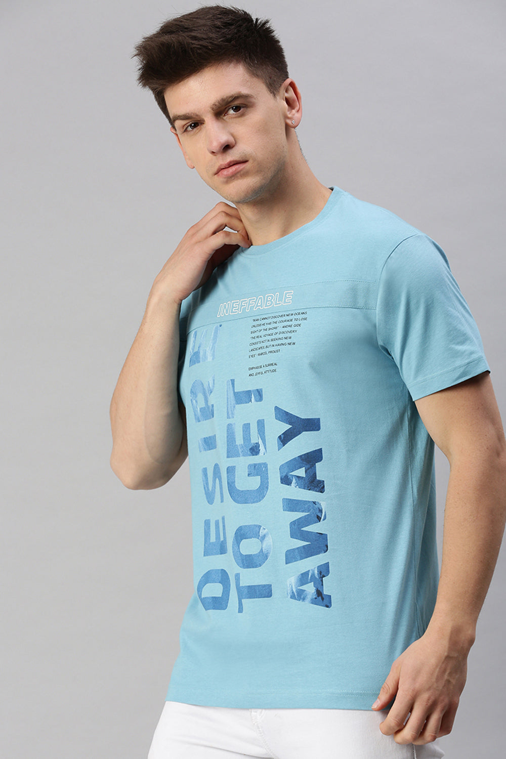 Classic Polo Men's Cotton Half Sleeve Printed Slim Fit Crew Neck Light Blue Color T-Shirt | Baleno - 501 A