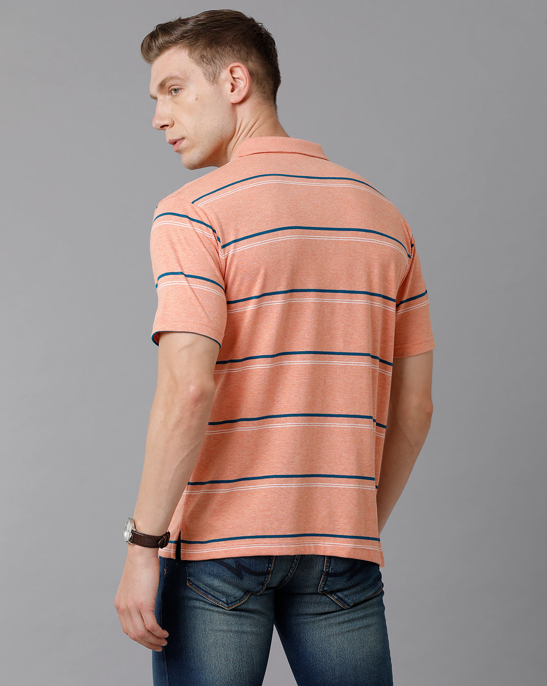 Classic Polo Men's Cotton Blend Striped Authentic Fit Peach T-Shirt | Avon - 499 A