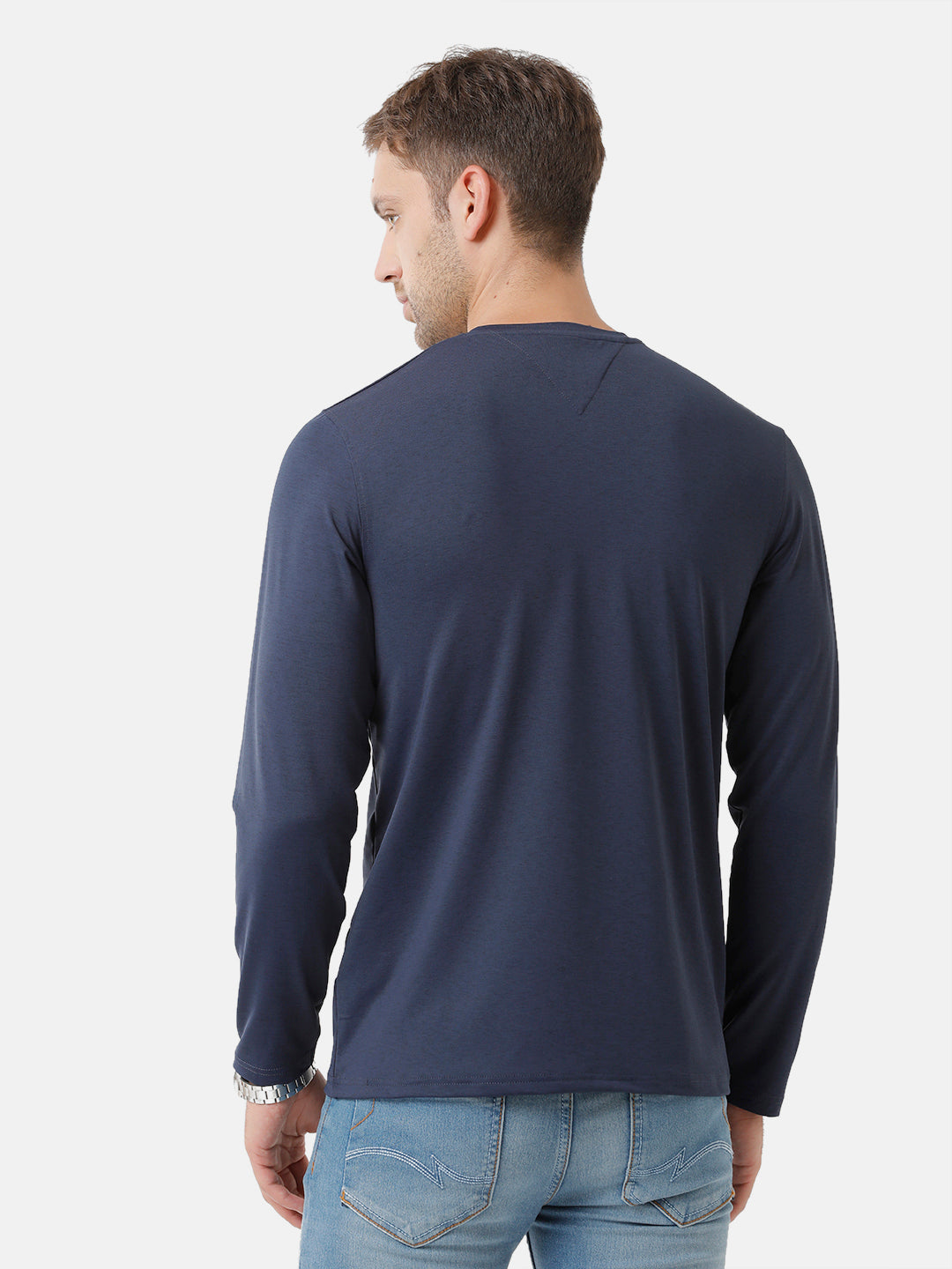 Classic Polo Mens Cotton Solid Full Sleeve Slim Fit Y Neck Navy Blue Color T-Shirt | Verno 306 C