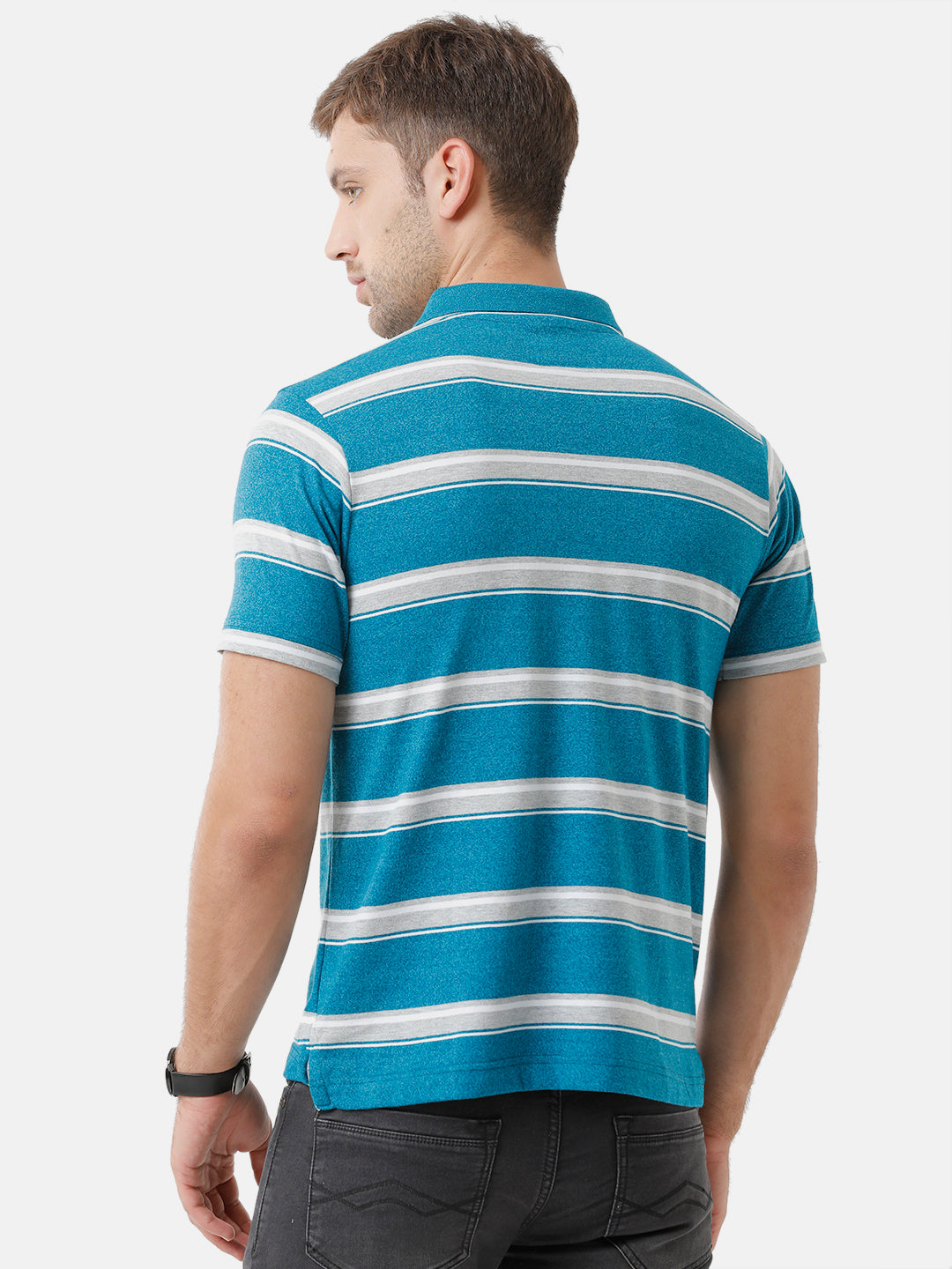 Classic Polo Mens Cotton Striped Half Sleeve Authentic Fit Polo Neck Blue Color T-Shirt | M.Flash 21