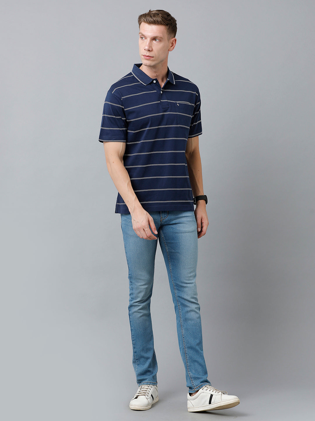Classic Polo Men's Cotton Half Sleeve Striped Authentic Fit Polo Neck Dark Blue Color T-Shirt | Ap - 85 B