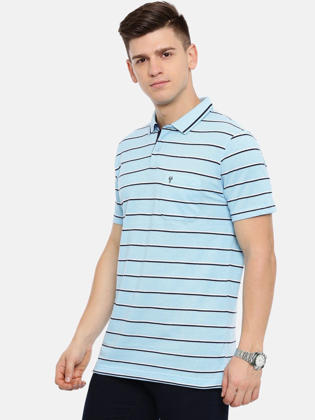 Men's Sky blue with multi-color auto stripes polo t-shirt T-shirt Classic Polo 