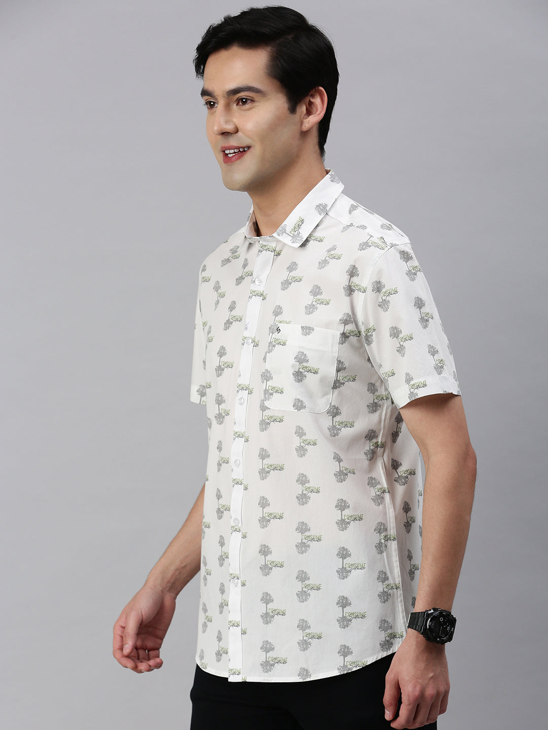 Classic Polo Men's Cotton Half Sleeve Printed Slim Fit Collar Neck White Color Woven Shirt | So1-146 A