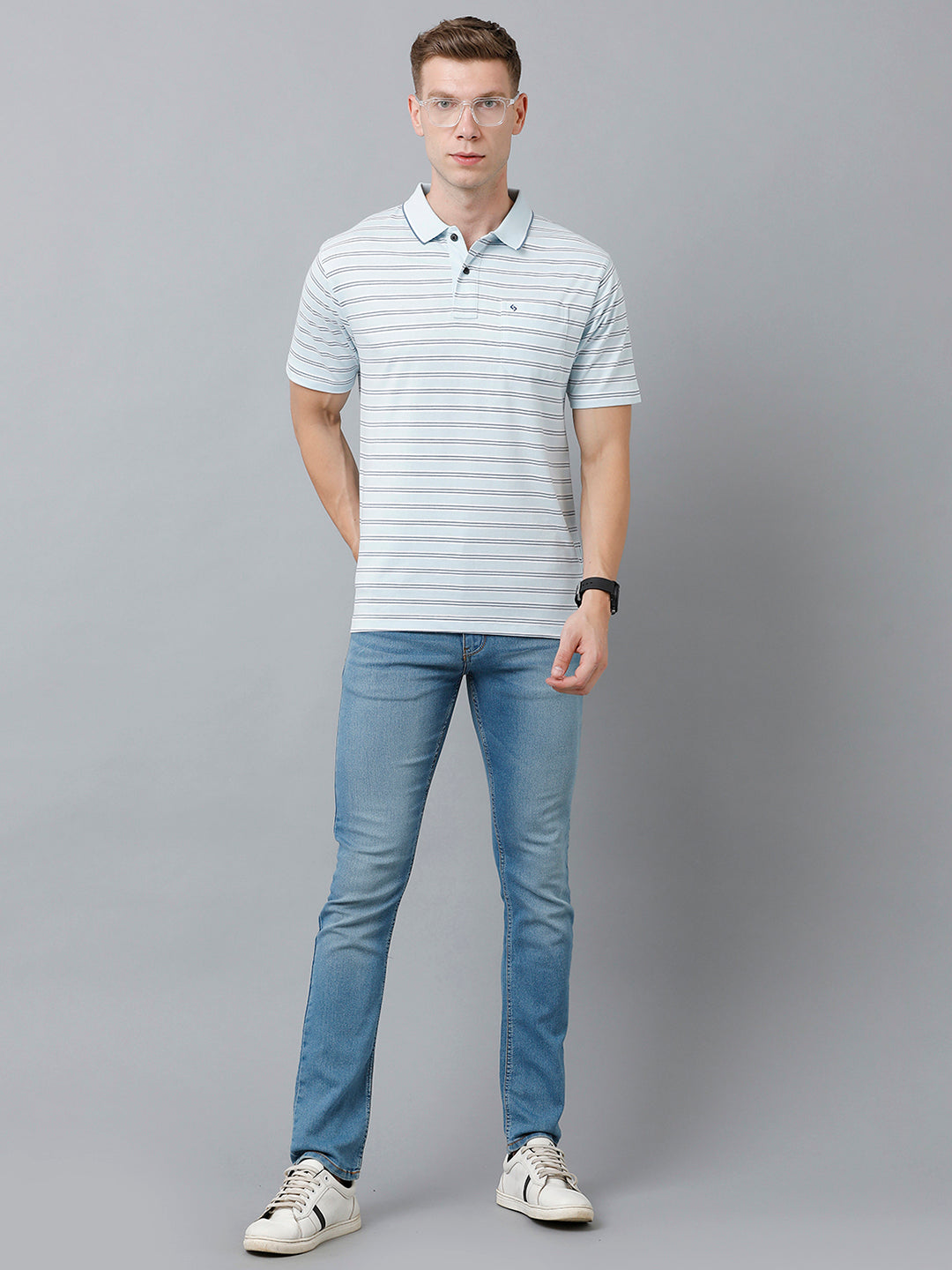 Classic Polo Men's Cotton Half Sleeve Striped Authentic Fit Polo Neck Light Blue Color T-Shirt | Feeders - 215 A
