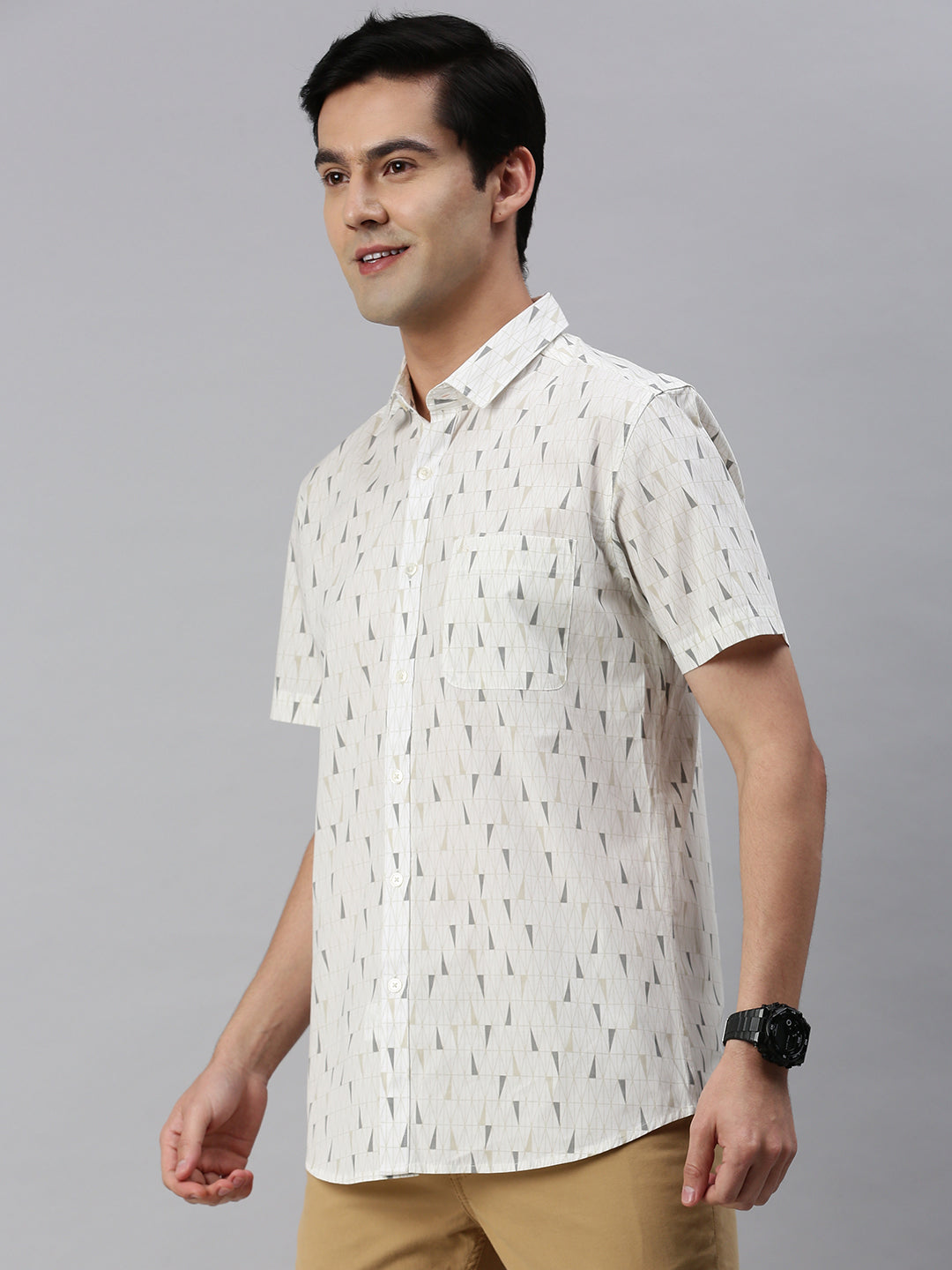 Classic Polo Men's Cotton Half Sleeve Printed Slim Fit Collar Neck White Color Woven Shirt | So1-150 A