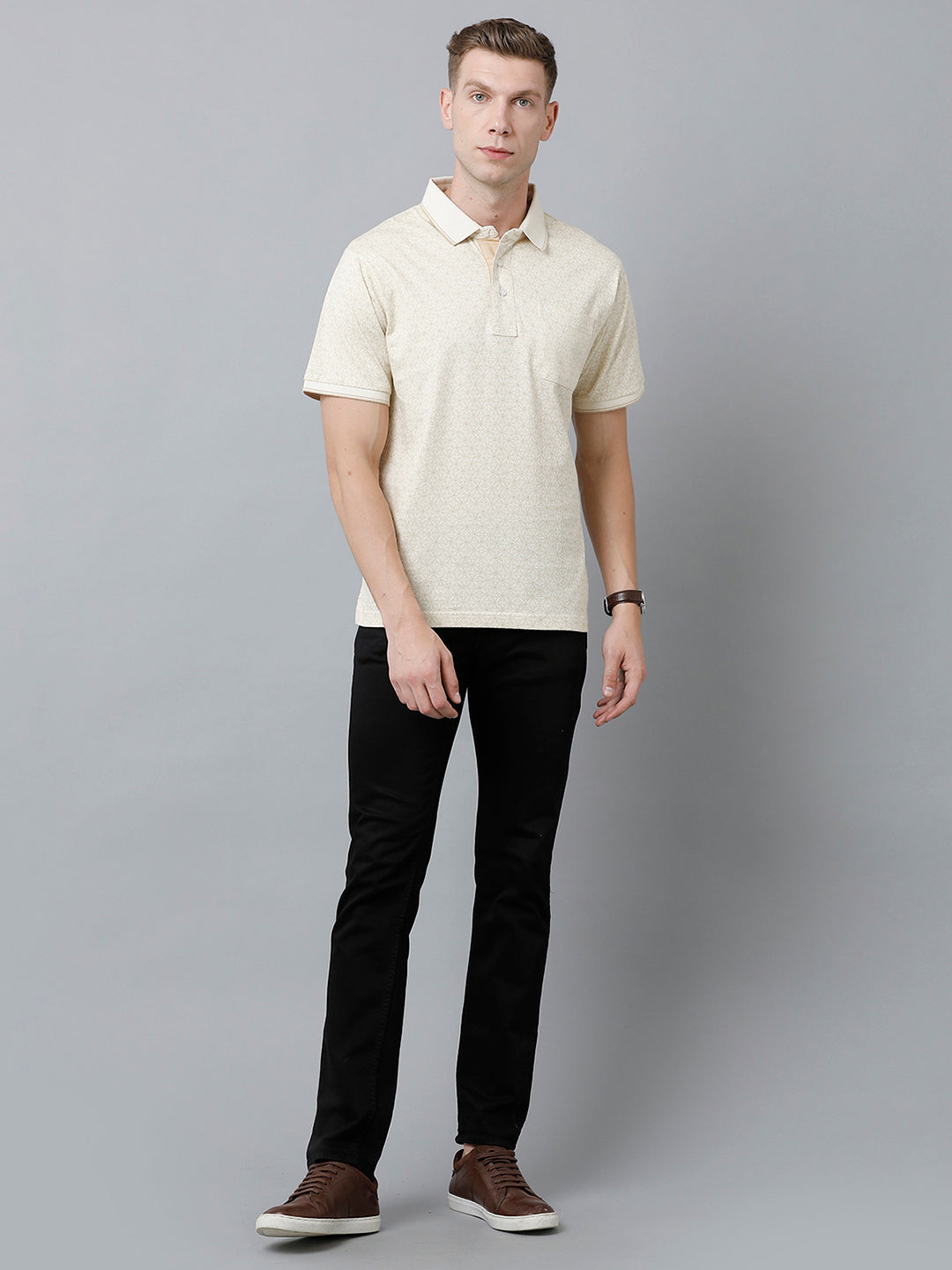 Classic Polo Men's Cotton Half Sleeve Printed Authentic Fit Polo Neck Cream Color T-Shirt | Carve Polo - 02 B