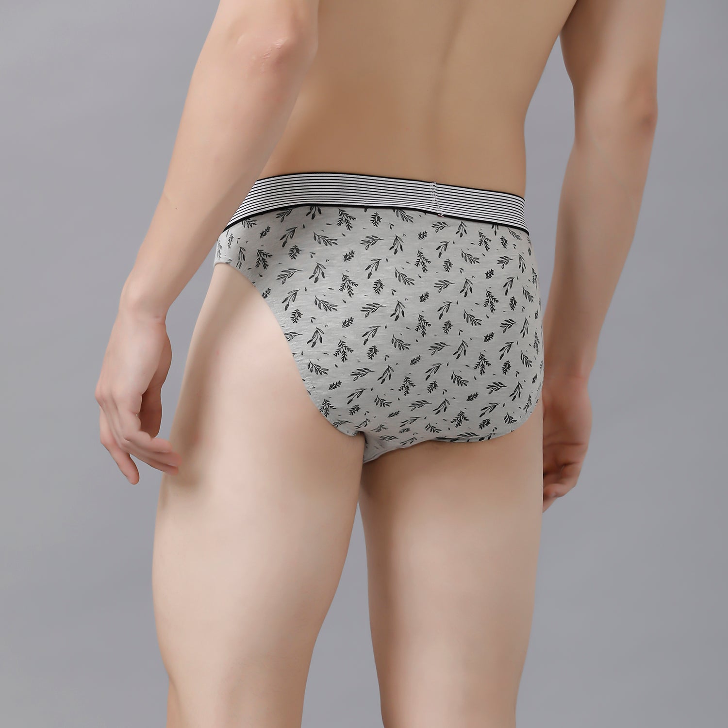 CP BRO Men's Printed Briefs with Exposed Waistband - Grey Leaf Print