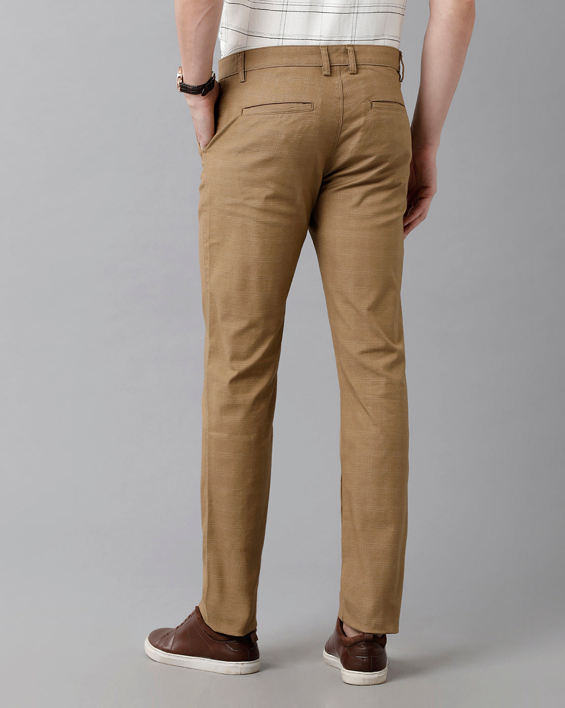 CP BRO Men's Cotton Checked Slim Fit Khaki Color Trousers | Tbn2-09 A