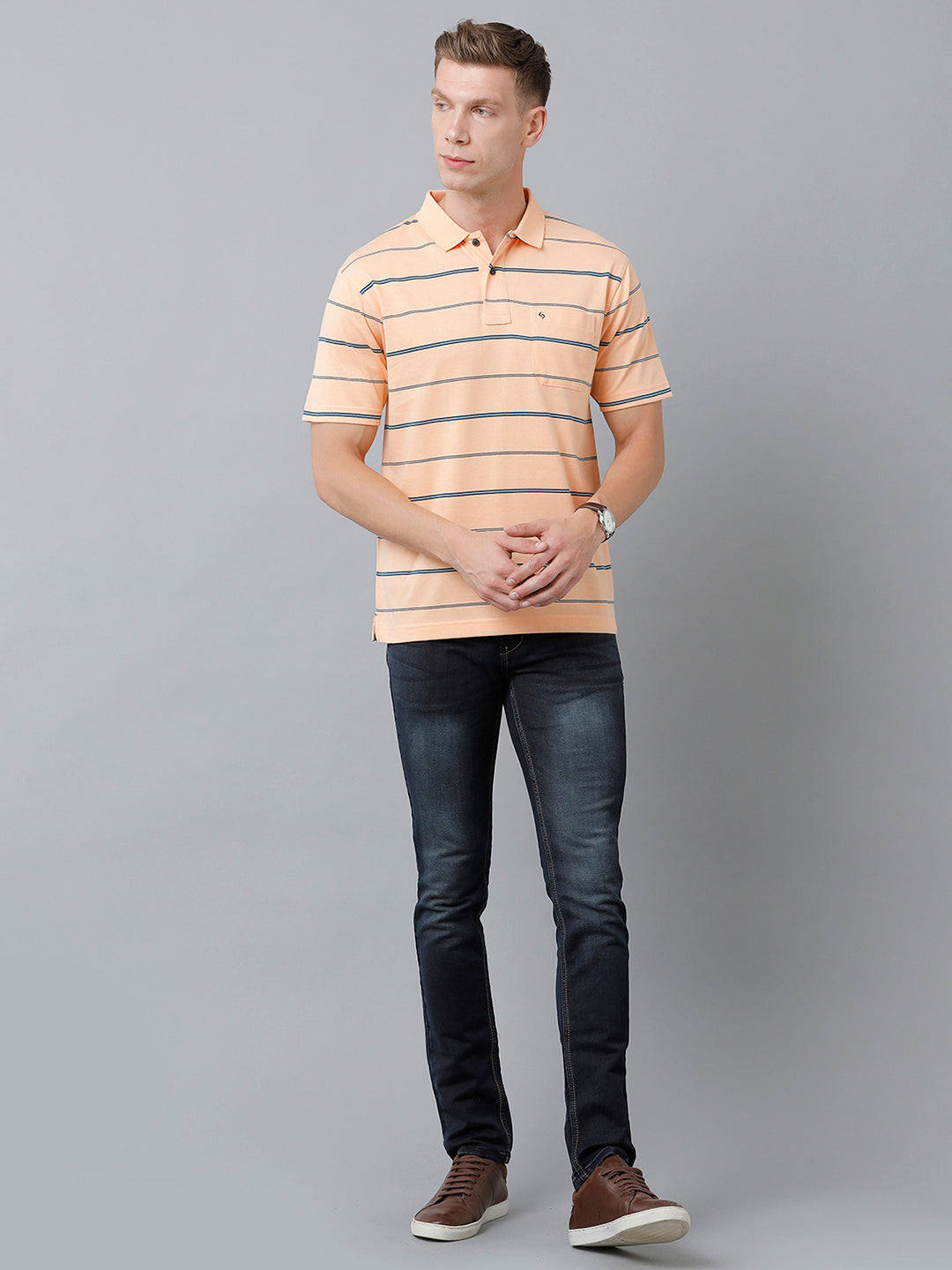 Classic Polo Men's Cotton Blend Half Sleeve Striped Authentic Fit Polo Neck Orange Color T-Shirt | Avon - 516 A