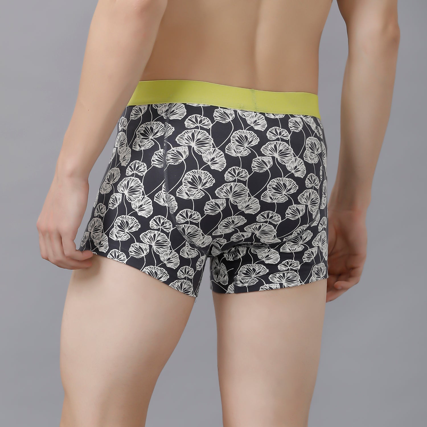 CP BRO Men's Printed Trunks with Exposed Waistband - Grey Leaf Print