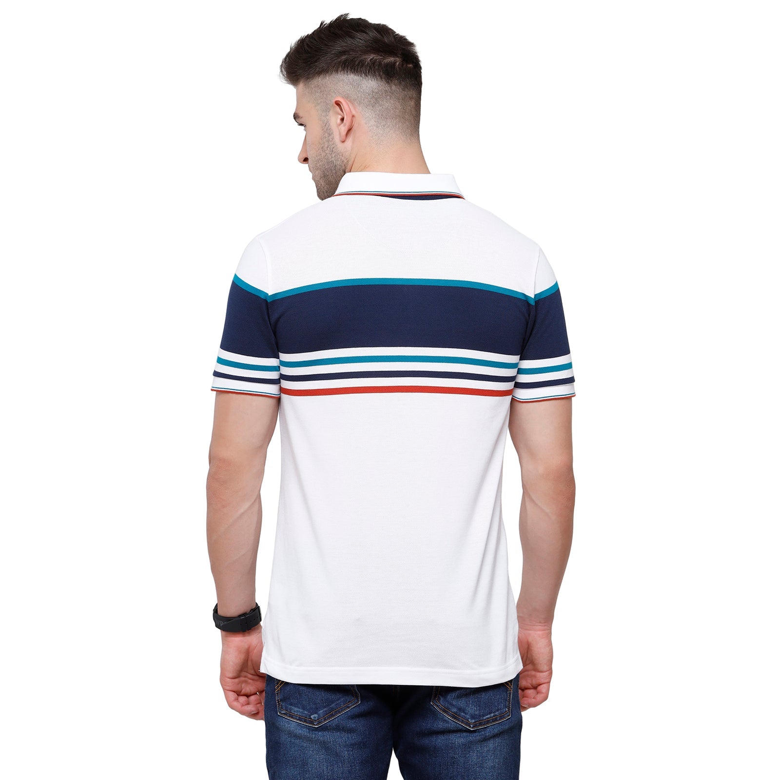 Classic Polo Mens White Stripped Half Sleeve Slim Fit Polo Neck T-Shirt - Vta -185 B T-shirt Classic Polo 