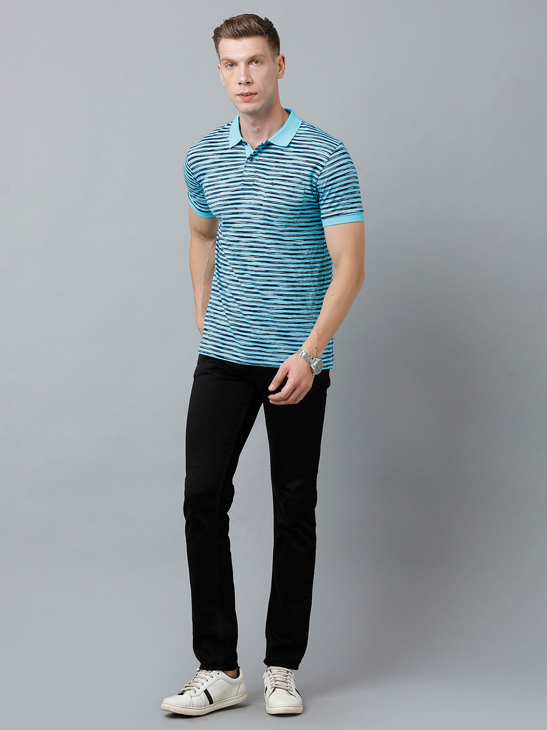 Classic Polo Men's Cotton Half Sleeve Striped Authentic Fit Polo Neck Sky Blue Color T-Shirt | Nexon - 01 A