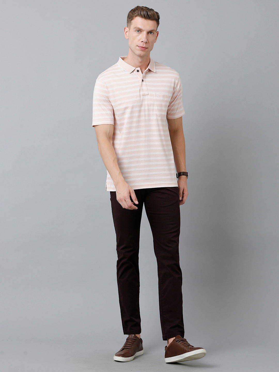 Classic Polo Men's Cotton Half Sleeve Striped Authentic Fit Polo Neck Beige Color T-Shirt | Feeders - 223 B