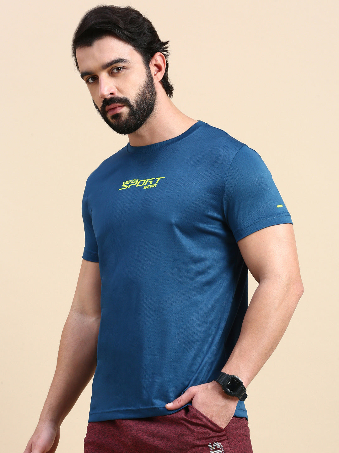 Classic Polo Men's Round Neck Polyester Navy Blue Slim Fit Active Wear T-Shirt | GENX-CREW 04B SF C