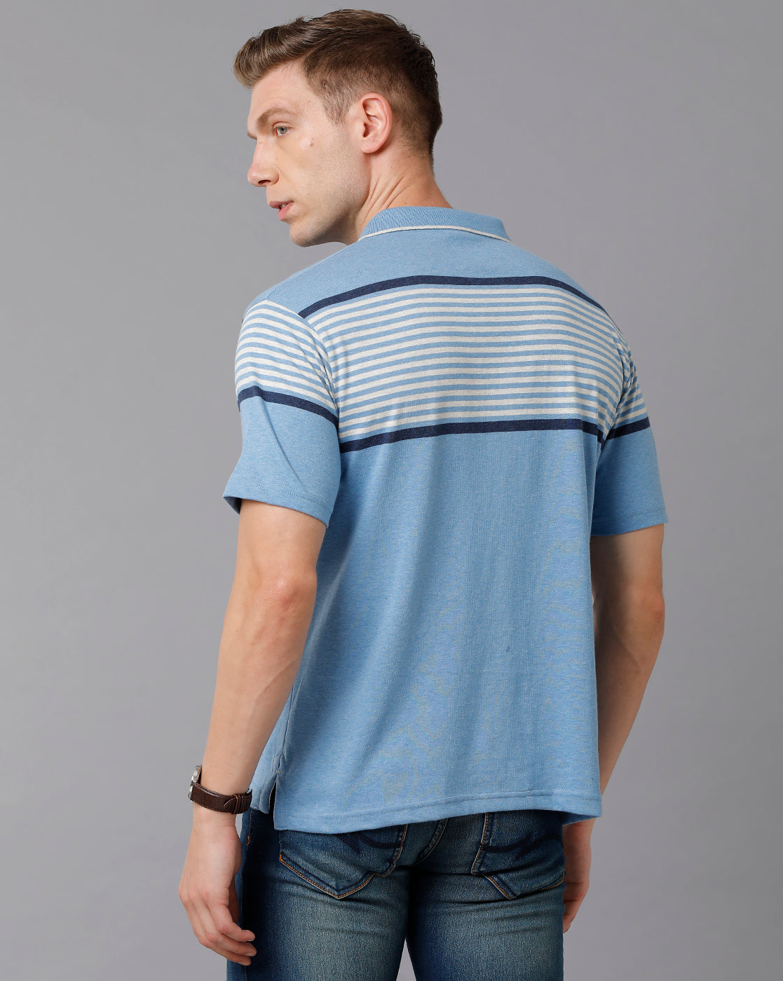 Classic Polo Men's Cotton Blend Striped Authentic Fit Sky Blue T-Shirt | Mel - 216 B