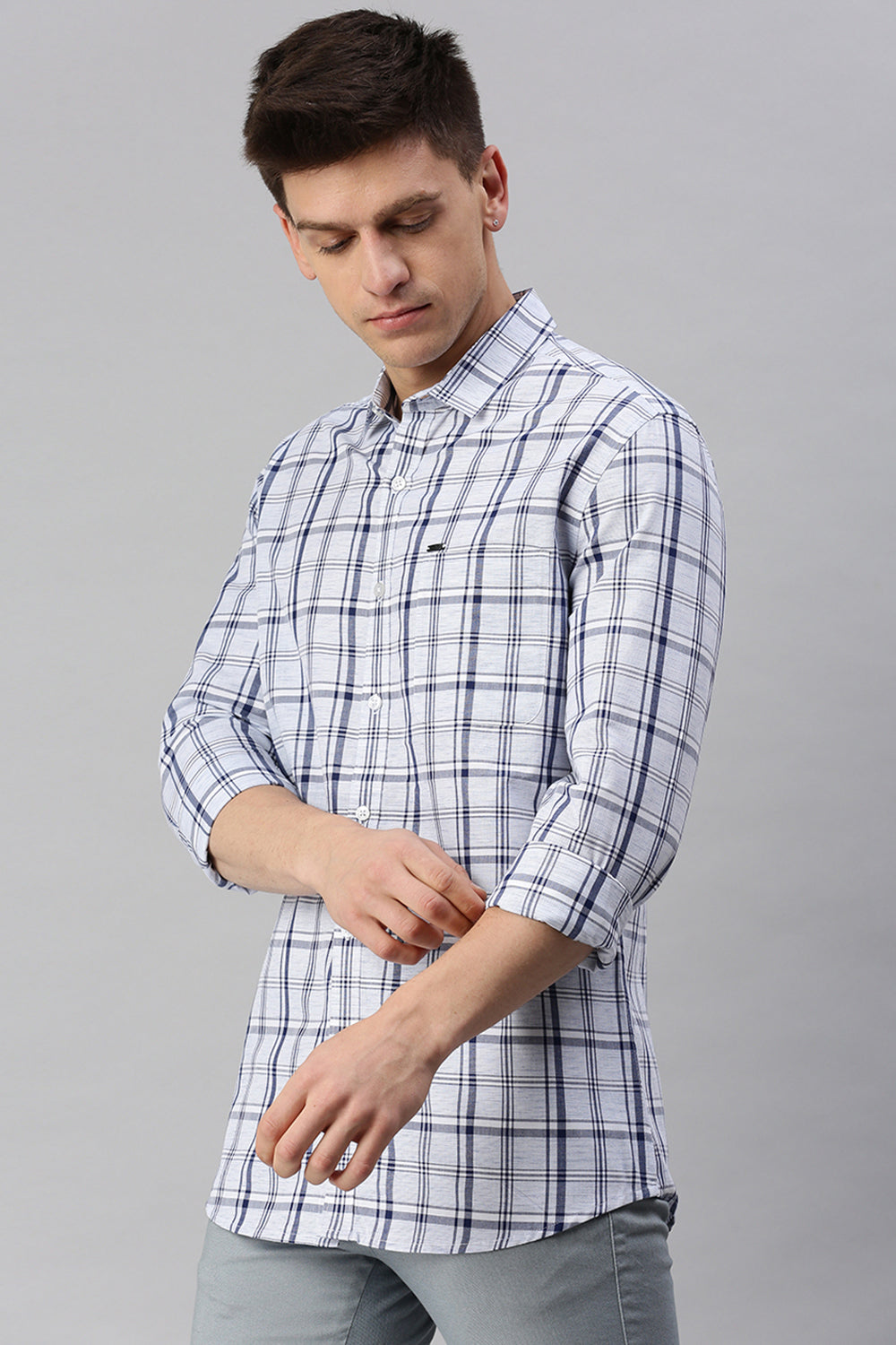 Classic Polo Men's Cotton Full Sleeve Checked Slim Fit Collar Neck Blue Color Woven Shirt | So1-79 A