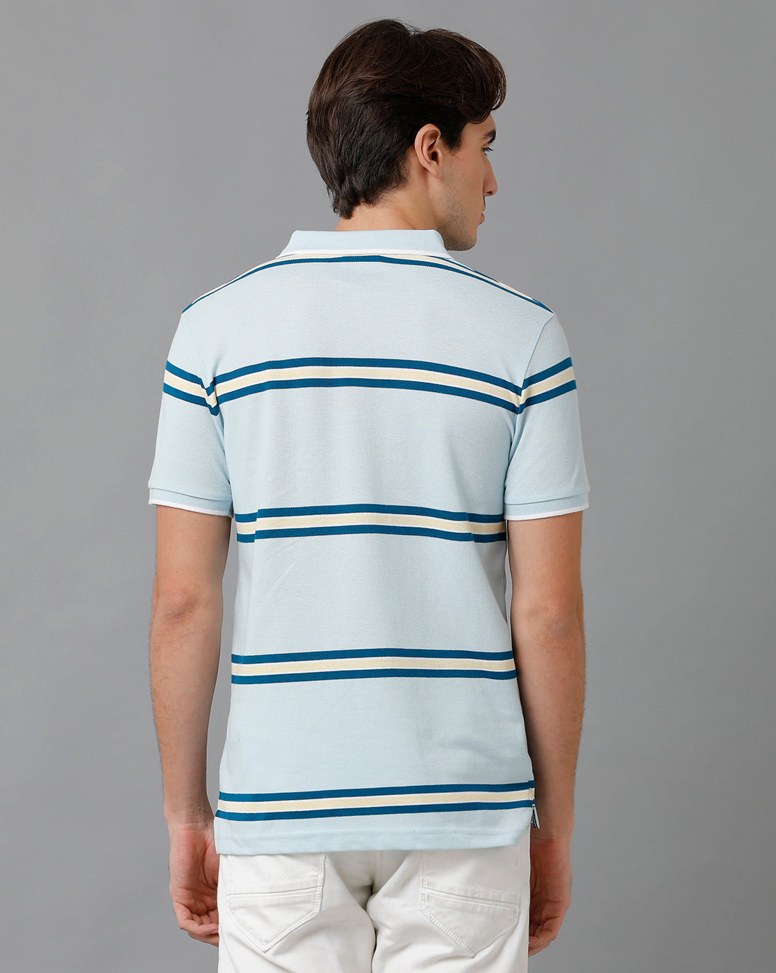 Classic Polo Men's Cotton Blend Half Sleeve Striped Slim Fit Polo Neck Light Blue Color T-Shirt | Adore - 192 B