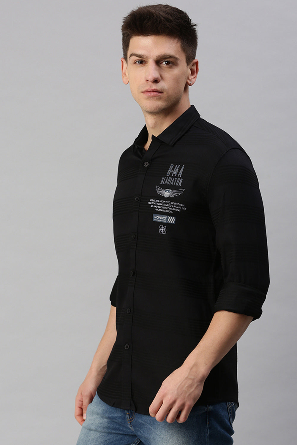 CP BRO Men's Cotton Full Sleeve Striped Slim Fit Collar Neck Black Color Woven Shirt | Sbo1-13 E