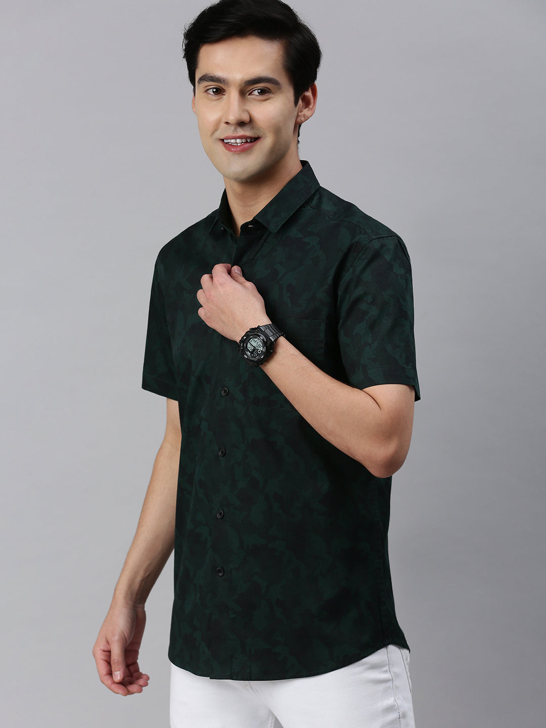 Classic Polo Men's Cotton Half Sleeve Printed Slim Fit Collar Neck Navy Color Woven Shirt | So1-11 A