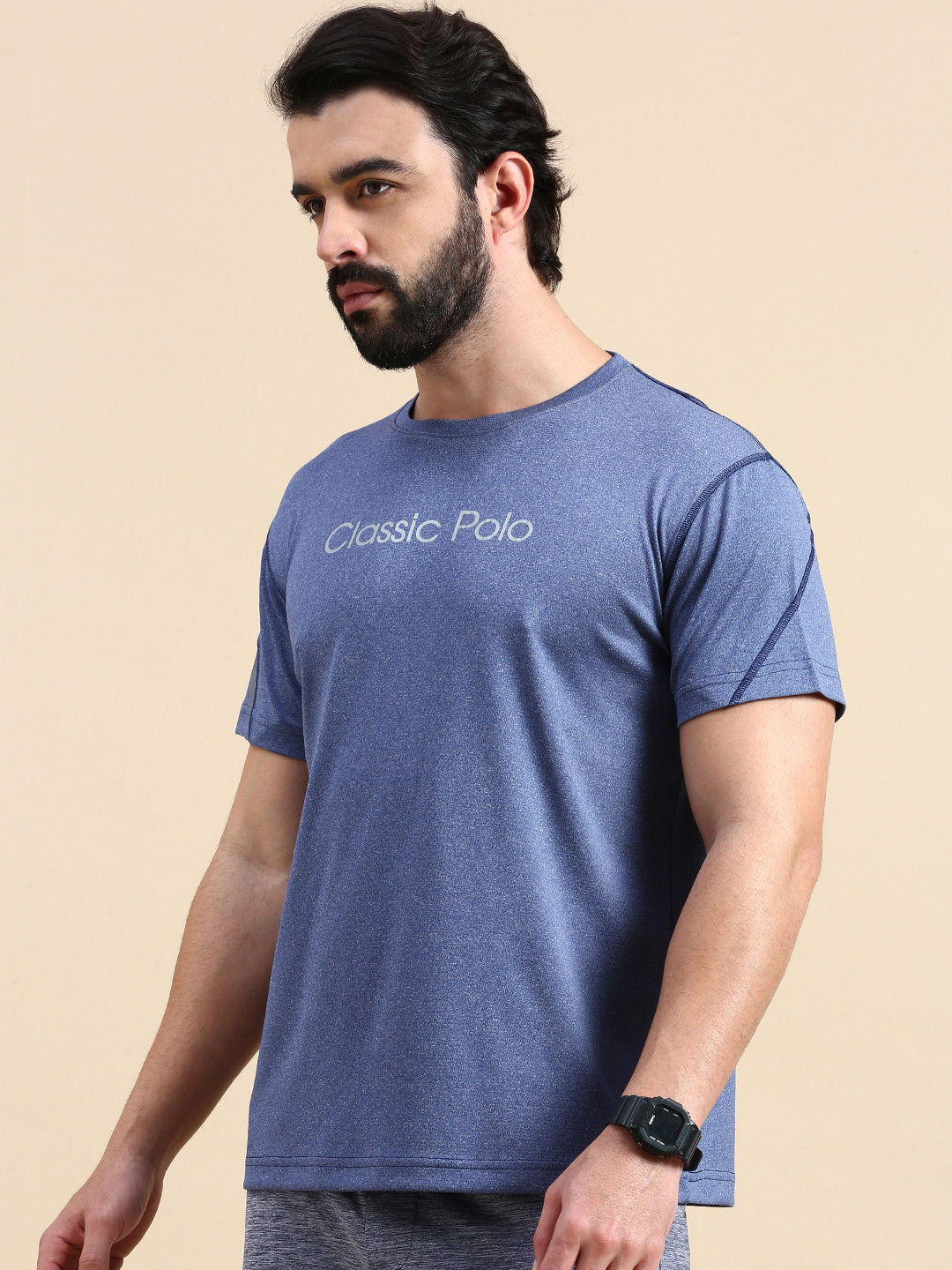 Classic Polo Men's Round Neck Polyester Navy Blue Slim Fit Active Wear T-Shirt | GENX-CREW 16A SF C