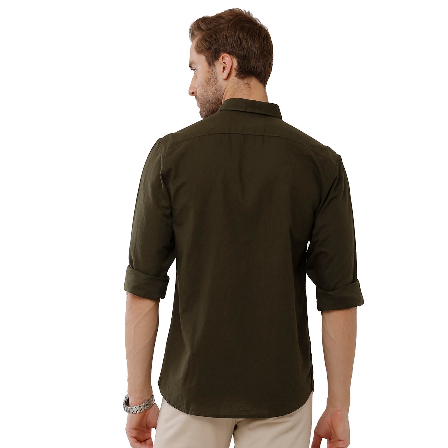 Classic Polo Mens 100% Cotton Solid Milano Fit Olive Green Color Woven Shirt - Mica Olive Shirts Classic Polo 