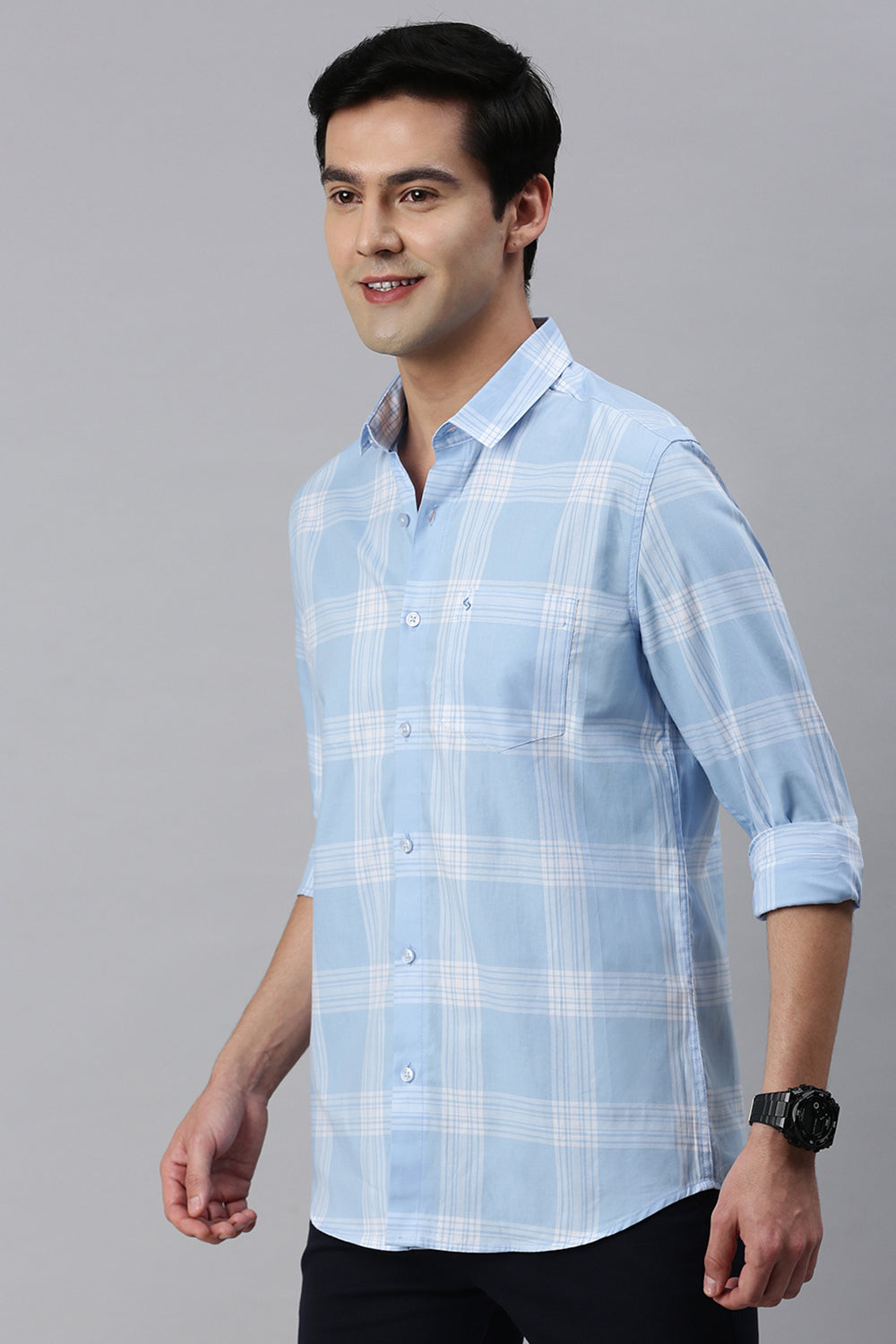 Classic Polo Men's Cotton Full Sleeve Checked Slim Fit Polo Neck Light Blue Color Woven Shirt | So1-46 A
