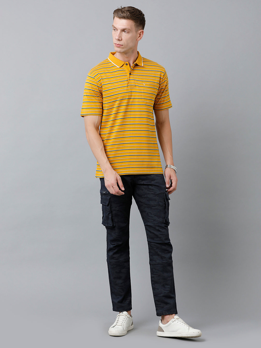 Classic Polo Men's Cotton Half Sleeve Striped Authentic Fit Polo Neck Golden Yellow Color T-Shirt | Feeders - 218 A