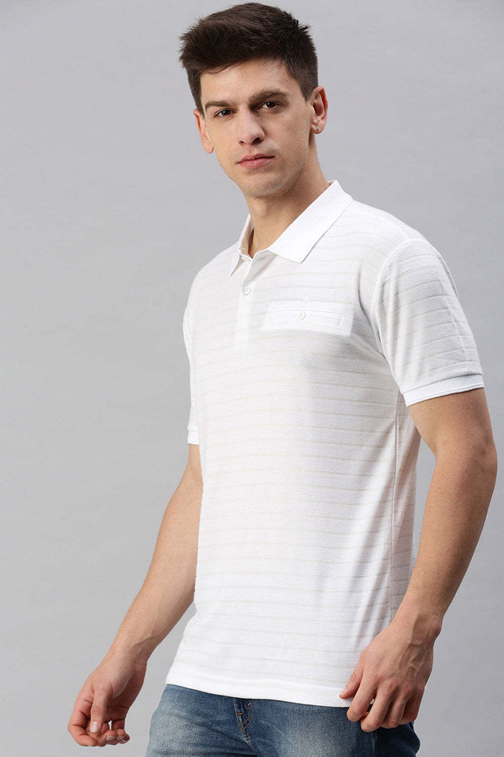 Classic Polo Men's Cotton Half Sleeve Striped Slim Fit Polo Neck White Color T-Shirt | Prm - 755 B