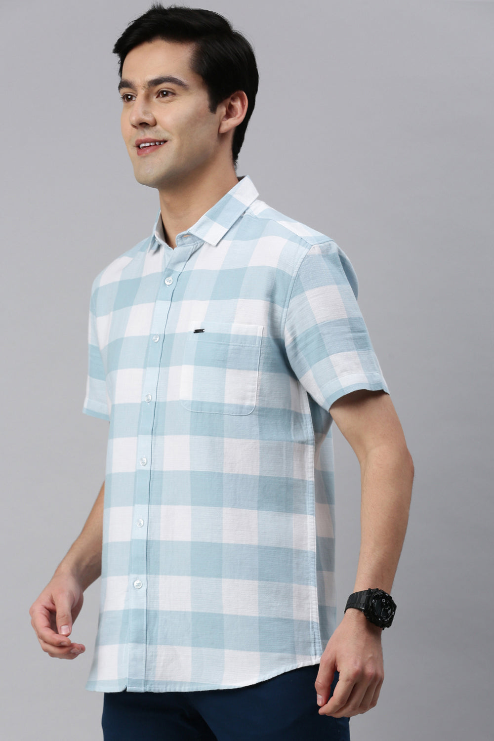 Classic Polo Men's Cotton Half Sleeve Checked Slim Fit Polo Neck Light Blue Color Woven Shirt | So1-132 A