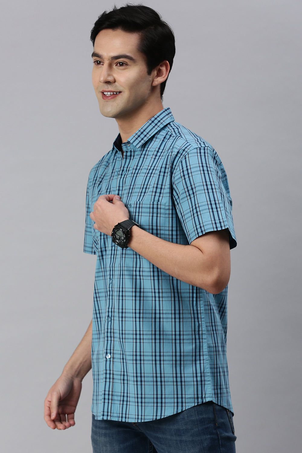 Classic Polo Men's Cotton Half Sleeve Striped Slim Fit Polo Neck Blue Color Woven Shirt | So1-166 C