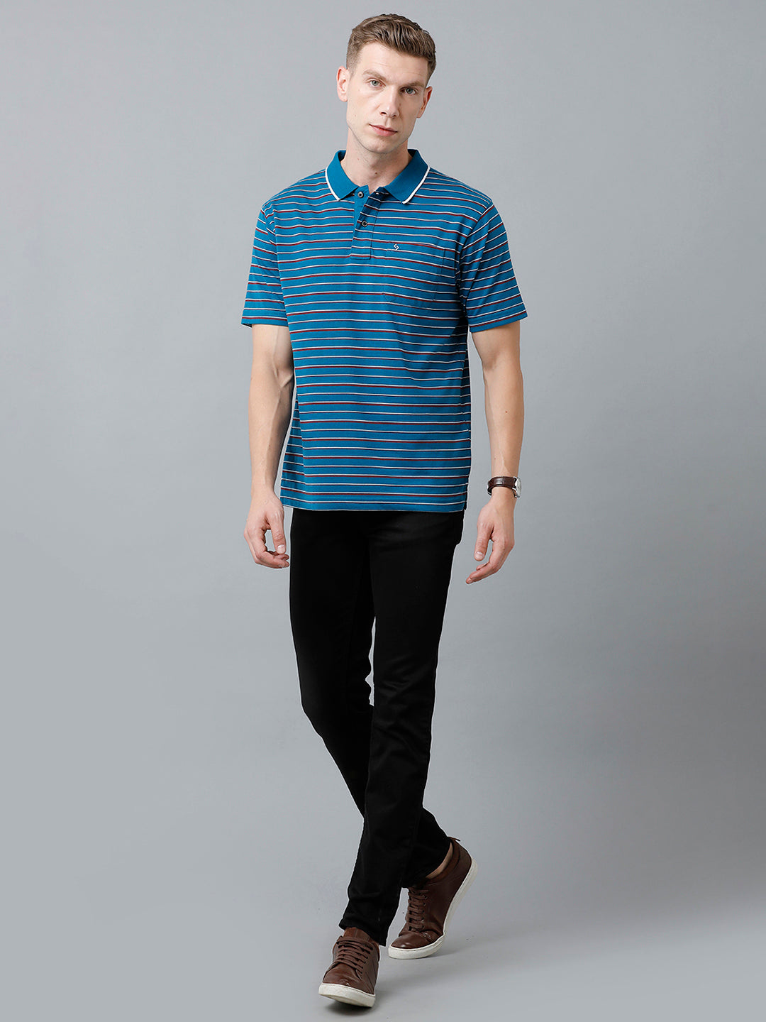 Classic Polo Men's Cotton Half Sleeve Striped Authentic Fit Polo Neck Royal Blue Color T-Shirt | Feeders - 218 B