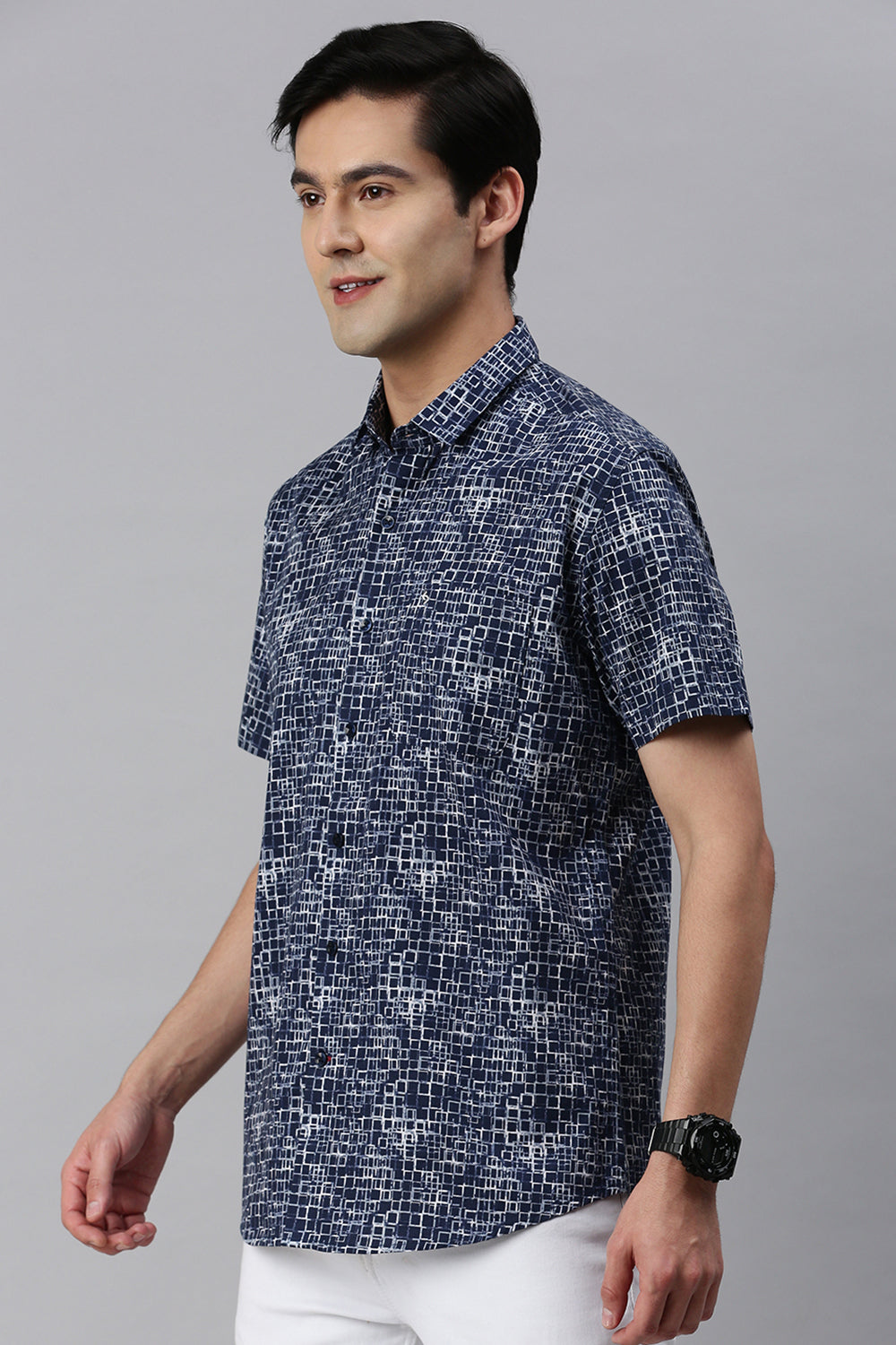 Classic Polo Men's Cotton Half Sleeve Printed Slim Fit Polo Neck Navy Blue Color Woven Shirt | So1-156 A