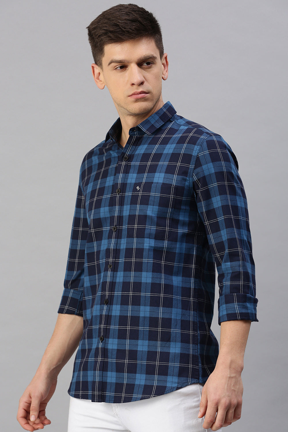 Classic Polo Men's Cotton Half Sleeve Checked Slim Fit Polo Neck Navy Color Woven Shirt | So1-06 A