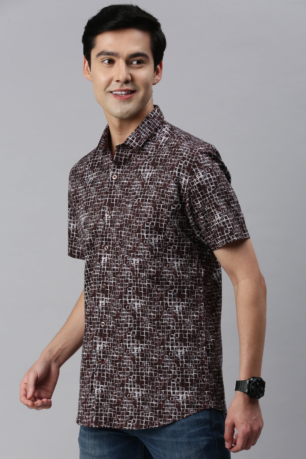 Classic Polo Men's Cotton Half Sleeve Printed Slim Fit Polo Neck Maroon Color Woven Shirt | So1-05 A