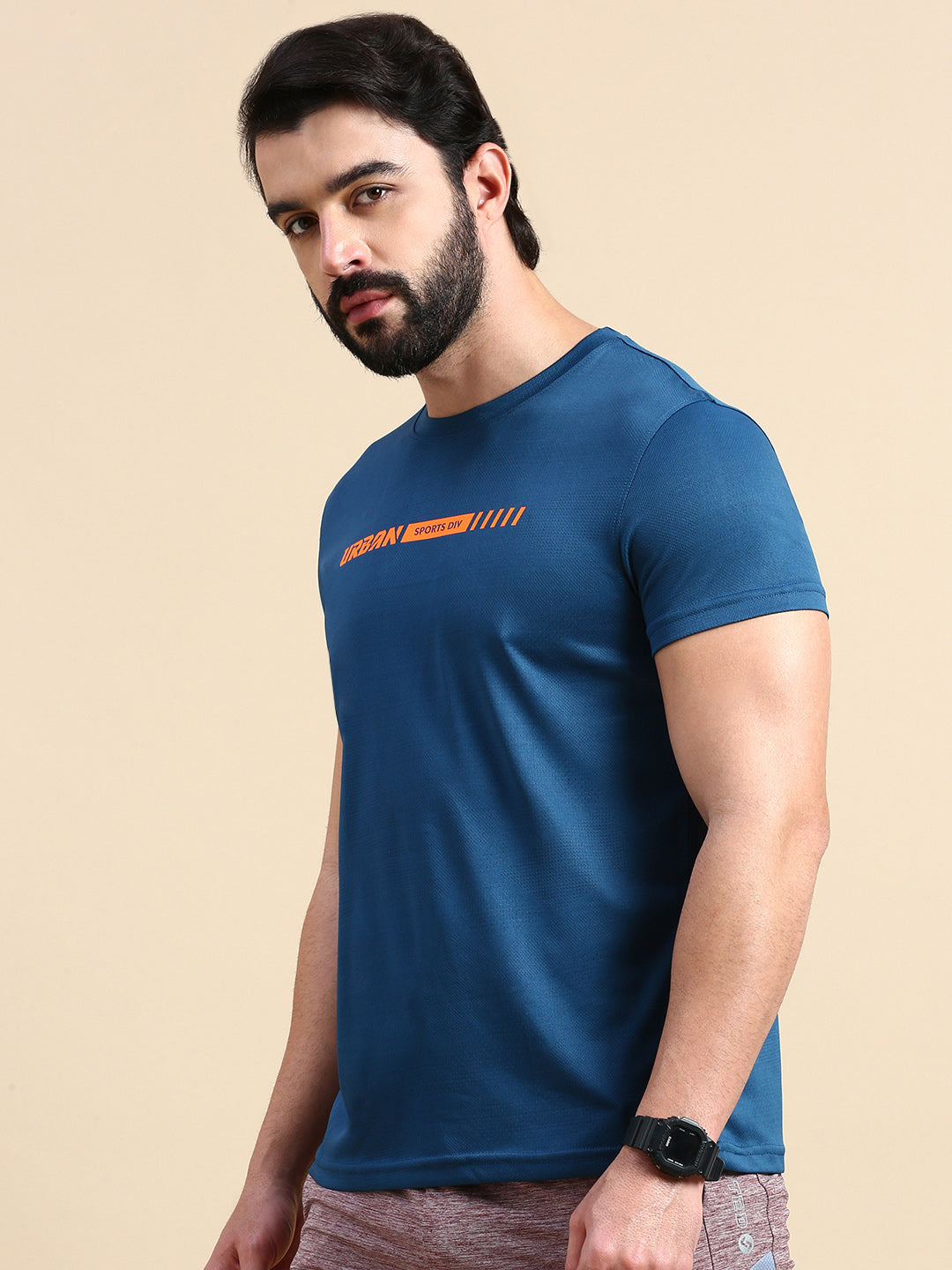 Classic Polo Men's Round Neck Polyester Navy Blue Slim Fit Active Wear T-Shirt | GENX-CREW 01B SF C