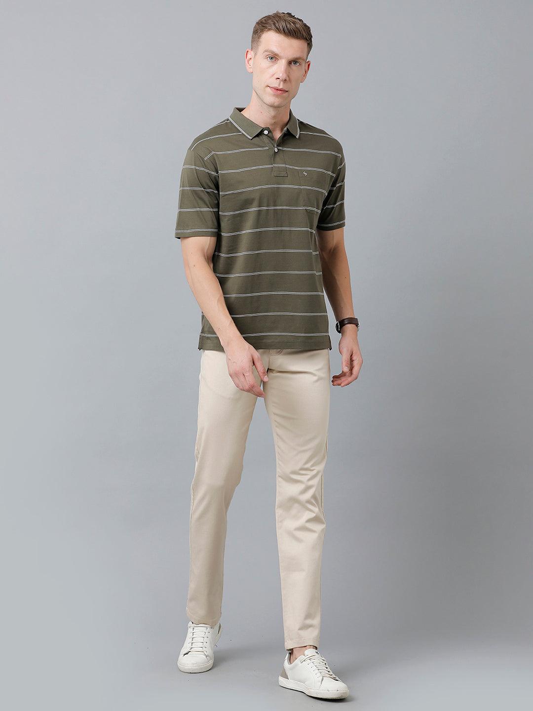 Classic Polo Men's Cotton Half Sleeve Striped Authentic Fit Polo Neck Olive Color T-Shirt | Ap - 85 A