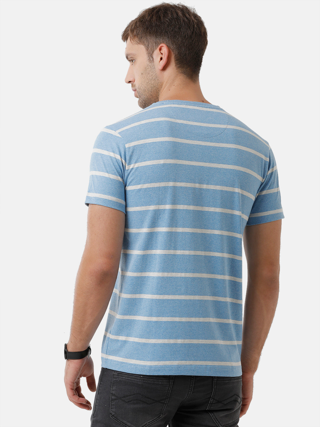 Classic Polo Mens Cotton Striped Half Sleeve Slim Fit Round Neck Sky Blue Color T-Shirt | Baleno 405 B