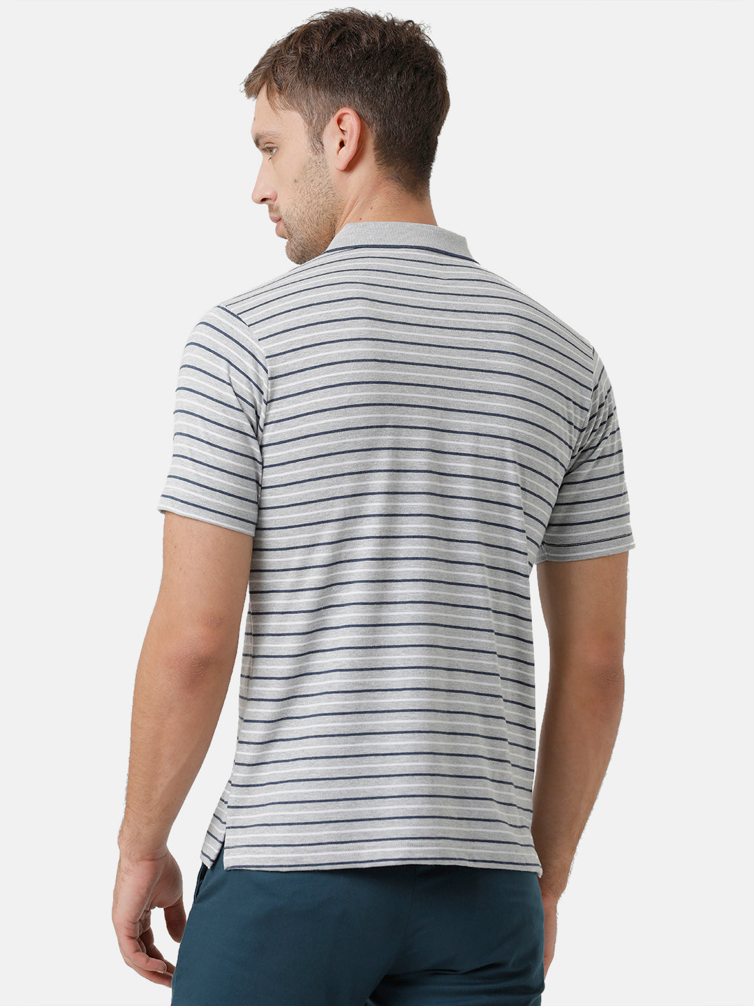 Classic Polo Mens Cotton Striped Half Sleeve Authentic Fit Polo Neck Grey Color T-Shirt | F.Flash 04