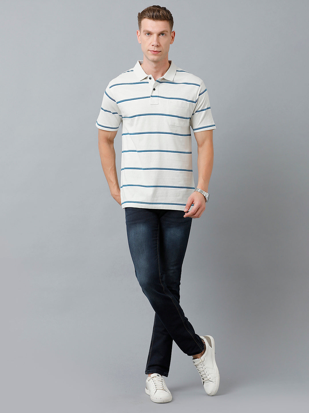 Classic Polo Men's Cotton Blend Half Sleeve Striped Authentic Fit Polo Neck White Color T-Shirt | Avon - 513 B