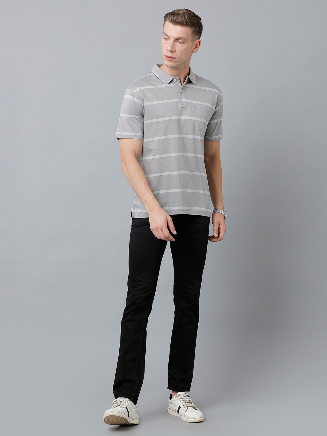 Classic Polo Men's Cotton Half Sleeve Striped Authentic Fit Polo Neck Grey Color T-Shirt | Ap - 83 A