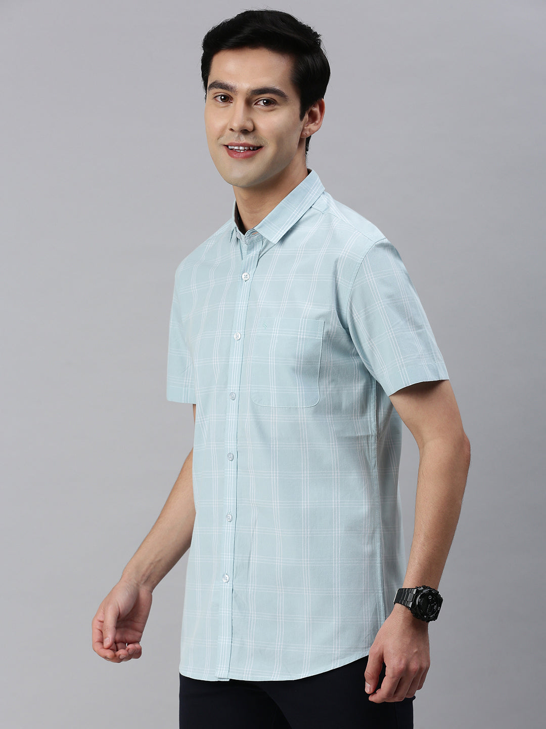Classic Polo Men's Cotton Half Sleeve Checked Slim Fit Collar Neck Light Blue Color Woven Shirt | So1-140 A
