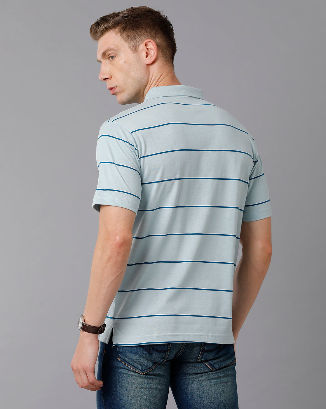 Classic Polo Men's Cotton Blend Striped Authentic Fit Light Blue T-Shirt | Avon - 496 A