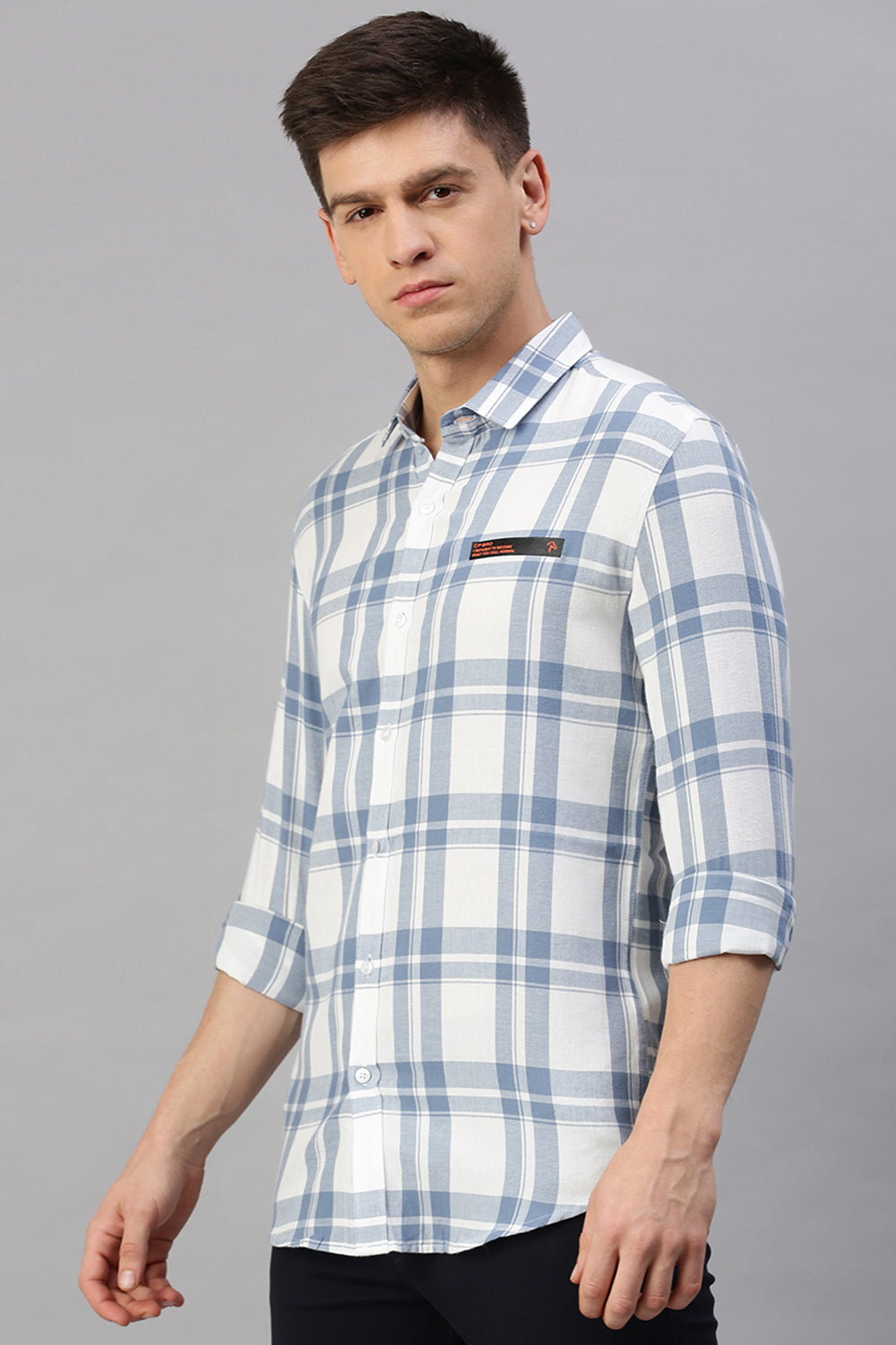 CP BRO Men's Cotton Full Sleeve Checked Slim Fit Polo Neck White Color Woven Shirt | Sbo1-53 A