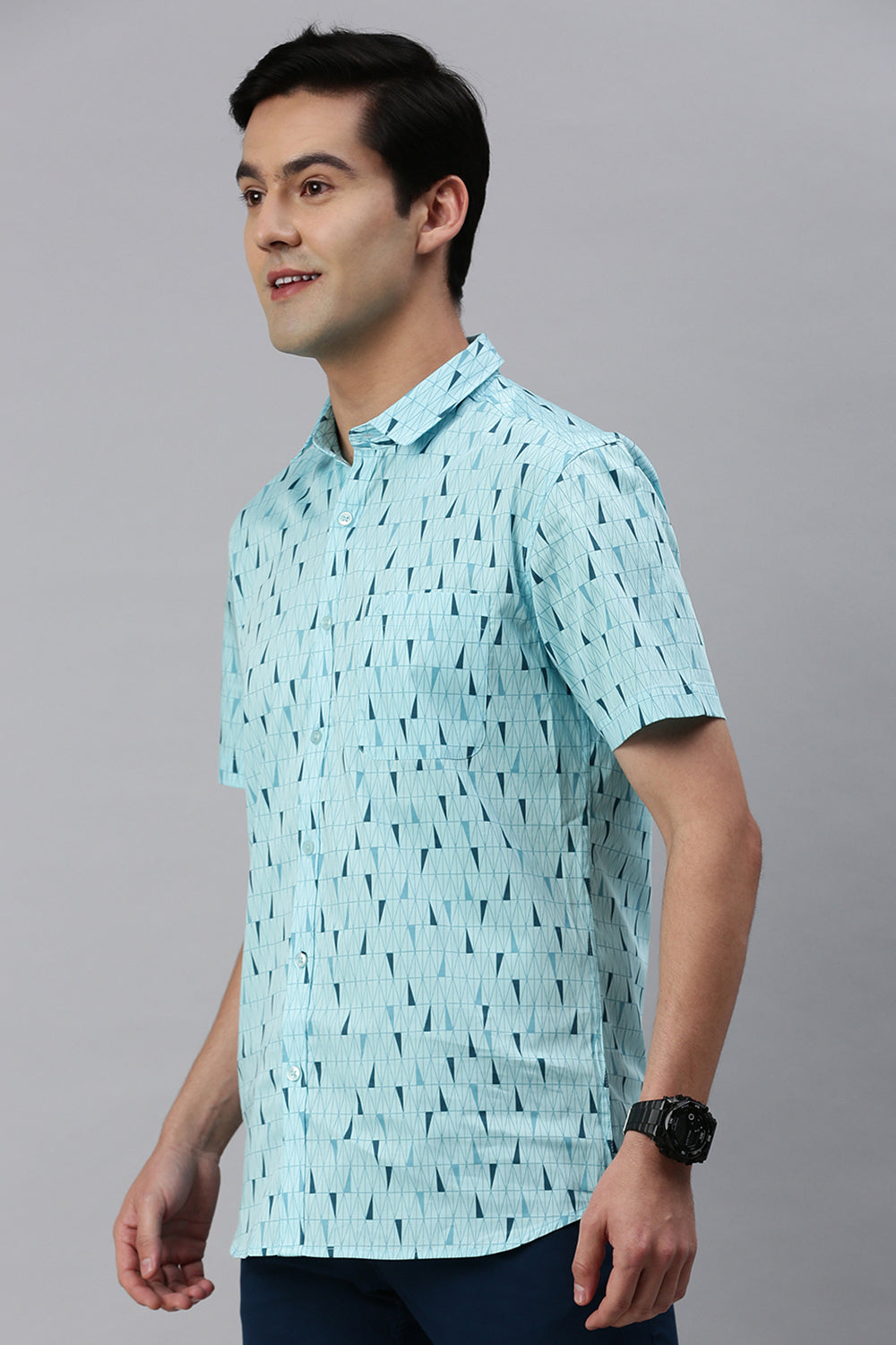 Classic Polo Men's Cotton Half Sleeve Printed Slim Fit Polo Neck Light Blue Color Woven Shirt | So1-150 B