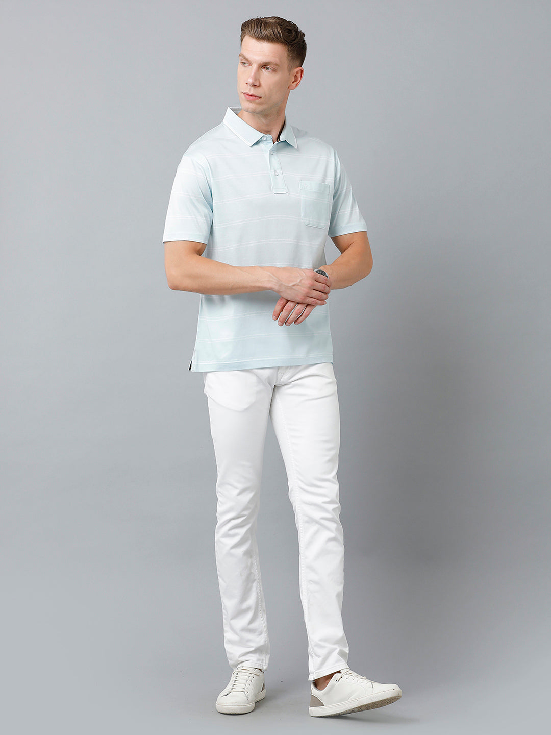 Classic Polo Men's Cotton Half Sleeve Striped Authentic Fit Polo Neck Sky Blue Color T-Shirt | Ultimo - 303 B