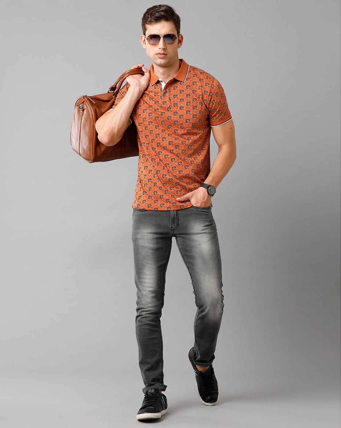 Classic Polo Mens Cotton Printed Half Sleeve Slim Fit Polo Neck Orange Color T-Shirt | Bello 175 B
