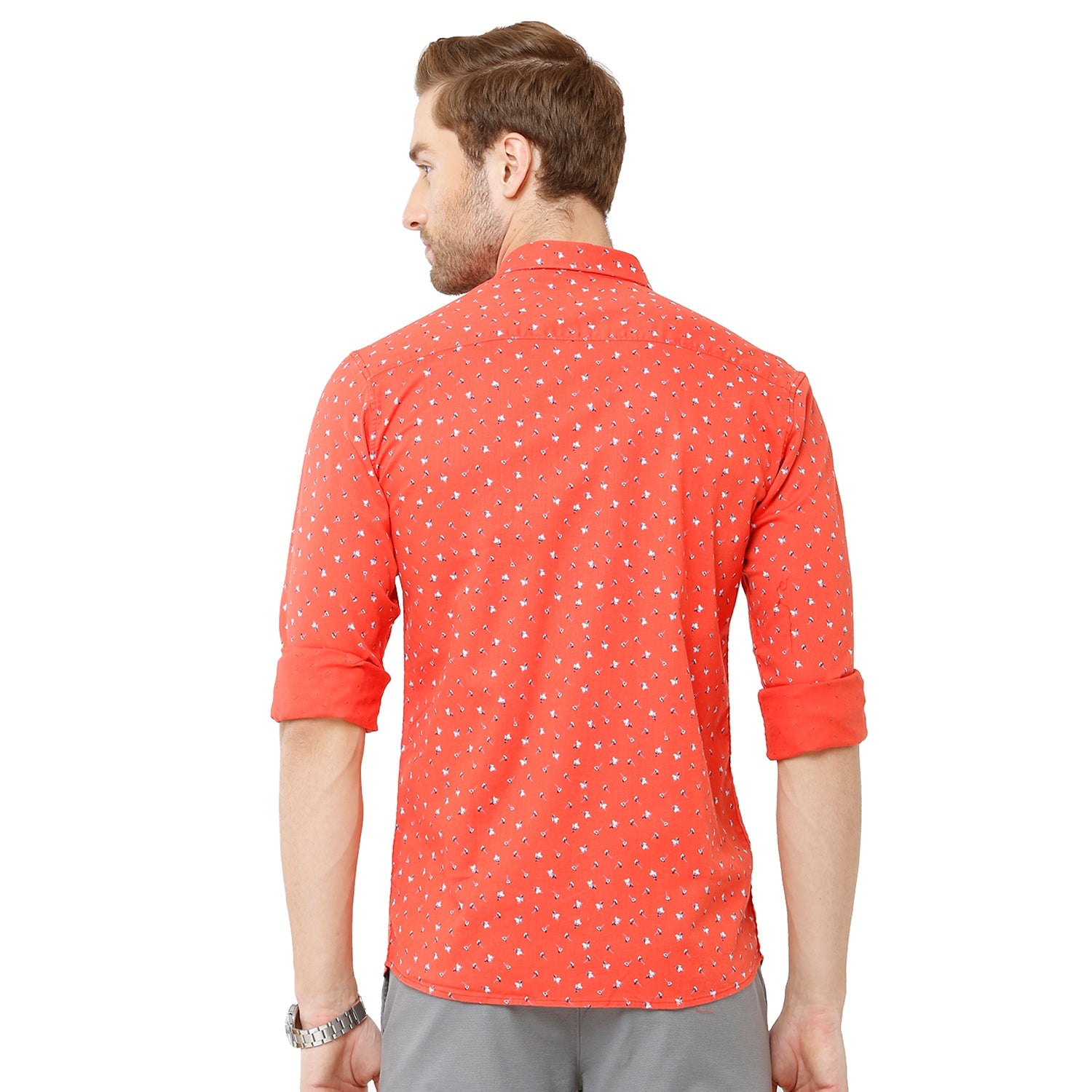 Classic Polo Bro Mens 100% Cotton Printed Full Sleeve Slim Fit Polo Neck Orange Color Woven Shirt (SBN1-72 A-FS-PRT-BSL) Classic Polo 